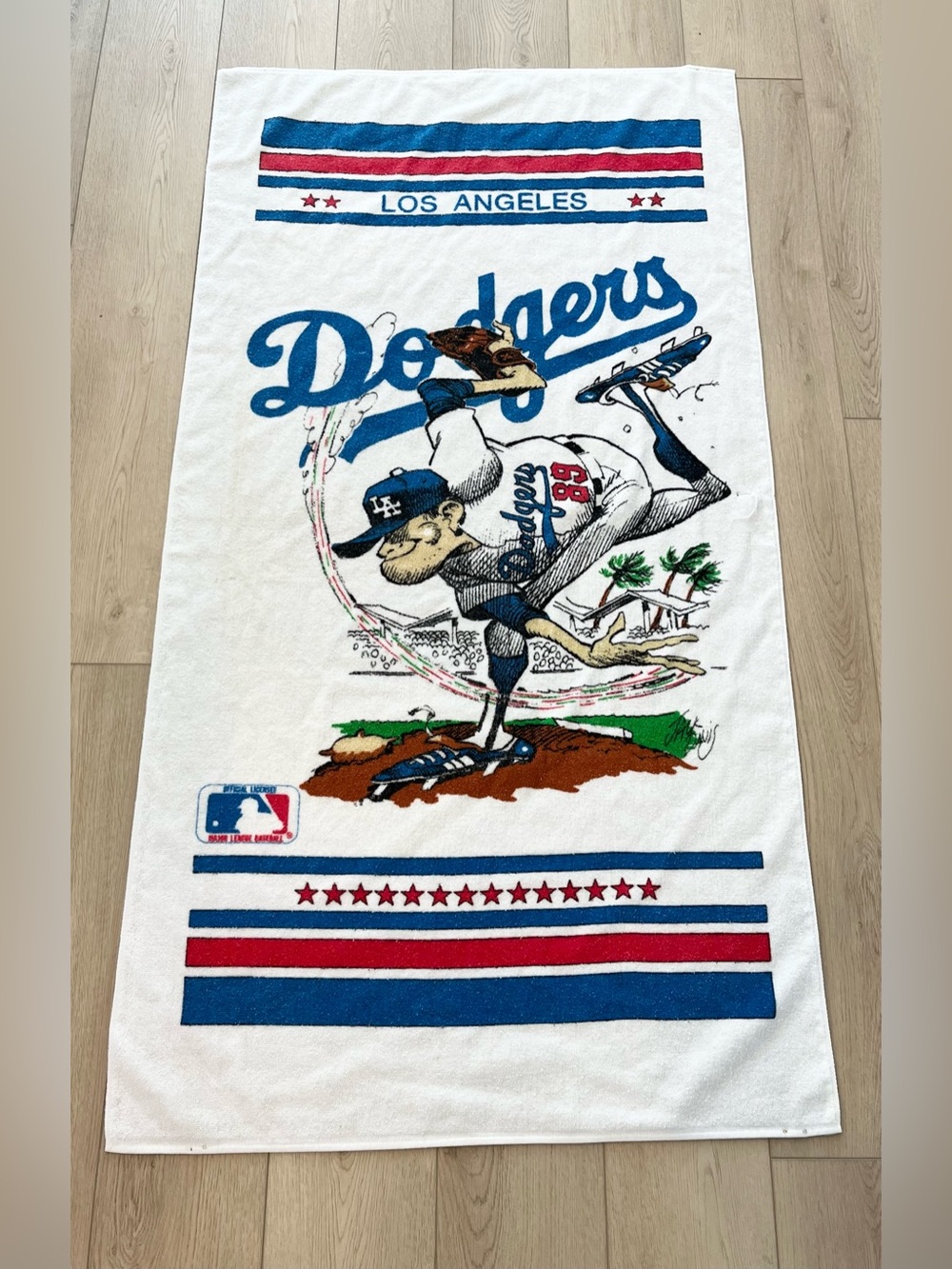 Vintage 1989 Los Angeles Dodgers MLB Beach Towel Cartoon By Jack Davis 60x31